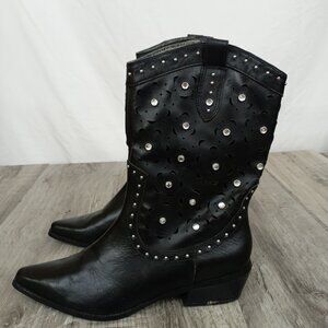 Black leather boots Rhinestone Studded Vented Upper